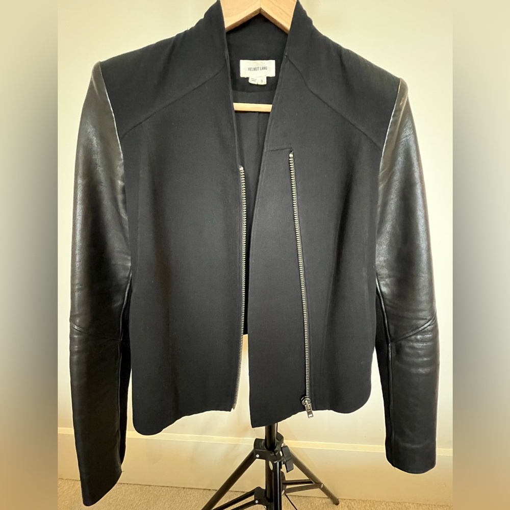 Helmut Lang Cropped Women's Black Leather Sleeve and Wool Moto Blazer